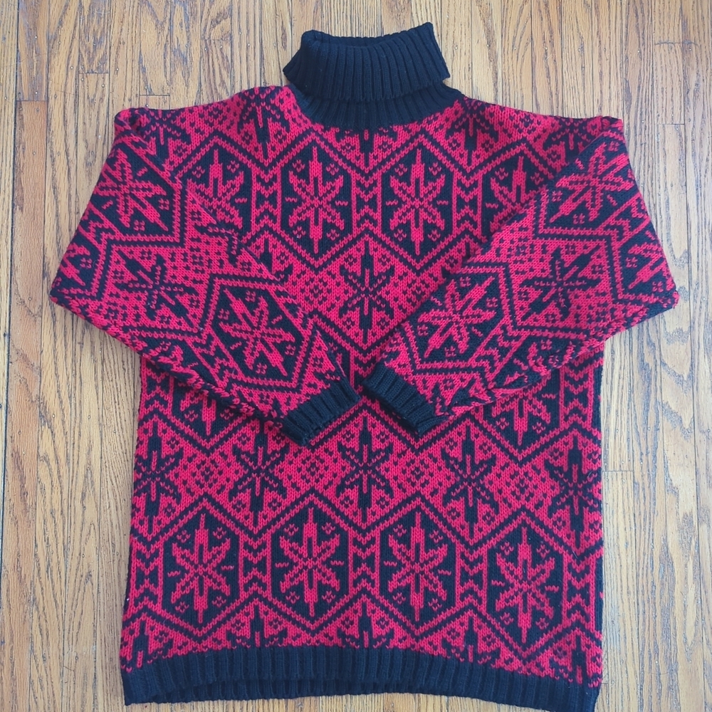 Vintage GAP Nordic Fair Isle Red Black Sweater 100% Wool Heavyweight Knit Large